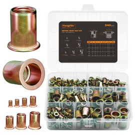 HANGLIFE Rivet Nut Assortment Kit (240 Pcs) - Metric Rivnut Threaded Insert Nuts - Includes M3, M4, M5, M6, M8, M10, M12 Flat Head Nutserts, Zinc-Plated Carbon Steel with Knurled Body