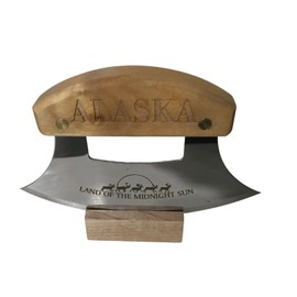 The Ulu Factory Alaska Birch Ulu Knife 6" Land of the Midnight Sun Etched Stainless Steel Blade with Block Wood Stand Chopping Bowl Set USA
