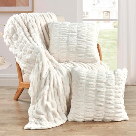 BYTIDE Ruched Faux Fur 60" x 80" Plush Throw Blanket with Two 20" x 20" Pillow Covers (NO Insert) 3 Pcs Set, Soft Fuzzy Furry Throw with Velvet Back for Couch Bed Chair, Cream