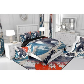 jejeloiu Dinosaur Monsters Shower Curtain Japanese Ocean Wave Fabric Shower Curtain for Kids Boys Red Sunset Pattern Bathroom Waterproof Accessories with 12 Hooks Fuji Mountain Curtains,72x84 Inches