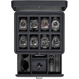 ROTHWELL 8 Slot Leather Watch Box with Valet Drawer - Luxury Watch Case Display Jewelry Organizer, Locking Watch Display Case Holder with Real Glass Top - Watch Box Organizer for Men & Women (Carbon)