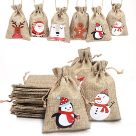 LOKIPA Christmas Jute Burlap Bags,24 Xmas Jute Linen Burlap Drawstring Gift Treat Candy Bag for Xmas Favors