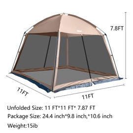 ZONGTI 11x11 Ft Screen House Tent - Instant Pop Up Mesh Canopy Shelter with Waterproof & Sunshade Roof, Easy Setup for Camping, Backyard, Beach, Picnic