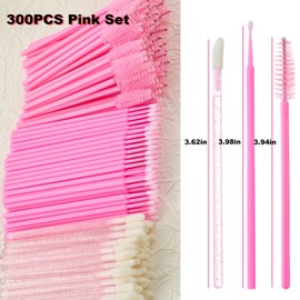 300PCS Eyelash Extension Supplies Kit, Disposable Micro Swab Brushes Eyebrow Spoolies Lip Brushes Mascara Wands Makeup Applicator Tools(Pink)