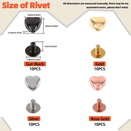 Tanstic 40 Sets 4 Colors 10x10MM Metal Heart Shape Screwback Leather Rivets, Decoration Screwback Stud Rivets Decorative Stud Rivets for Leather DIY Craft Clothes Bags Accessories