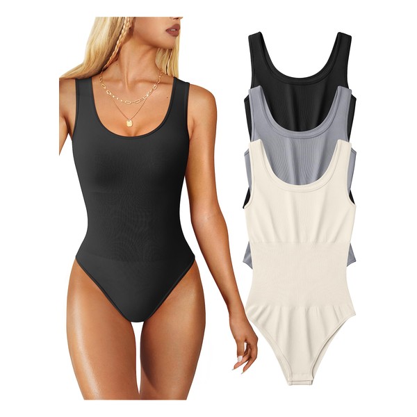 OQQ Women's 3 Piece Bodysuits Sexy Ribbed One Piece Sleeveless Tank Tops  Bodysuits Black Coffee Beige at  Women's Clothing store