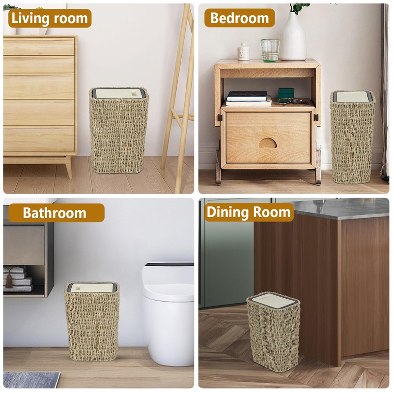 Trongee Boho Trash Can with Lid,3 Gallon Small Rattan Trash