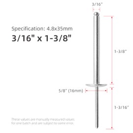 JIANDAXIN 30Pcs Large Flange Extra Long Blind Rivets, Extended Length, Aluminium Large Head Steel Shank Mandrel Long-Shaft Pop Rivets (3/16"x1-3/8")
