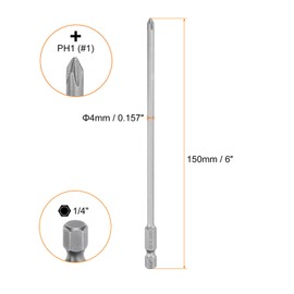 HARFINGTON 5pcs #1 Phillips Screwdriver Bit PH1 1/4" Hex Shank 6" (150mm) Long Magnetic S2 Steel Industrial Grade Screw Driver Bit Cross Head Electric Drill Bits 0.157" (4mm) Rod