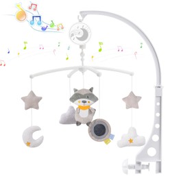 Baby Musical Crib Mobile, Nursery Mobile with Hanging Rotating Plush Toys, Infant Bed Decoration for Newborn Boys Girls, Racoon