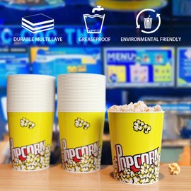 Retro Style 32 Oz Popcorn Buckets - 50 Pack Disposable Grease Resistant Popcorn Boxes for Home, Movie Night, Birthday, Christmas, Concession Stands & Popcorn Bars