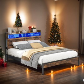 YITAHOME Full Size Led Bed Frame with Charging Station, Farmhouse Platform Bed Frame with 2-Tier Storage Barn Door Headboard,Strong Metal Slats Support, Noise Free,No Box Spring Needed, Rustic Brown