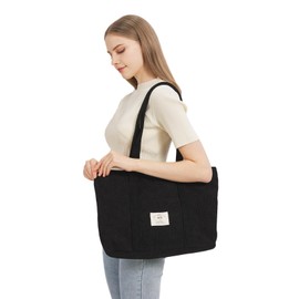 Women's Corduroy Large Handbag Tote Bag Shopper with Zip for Books Travel Everyday School Work Shopping, black