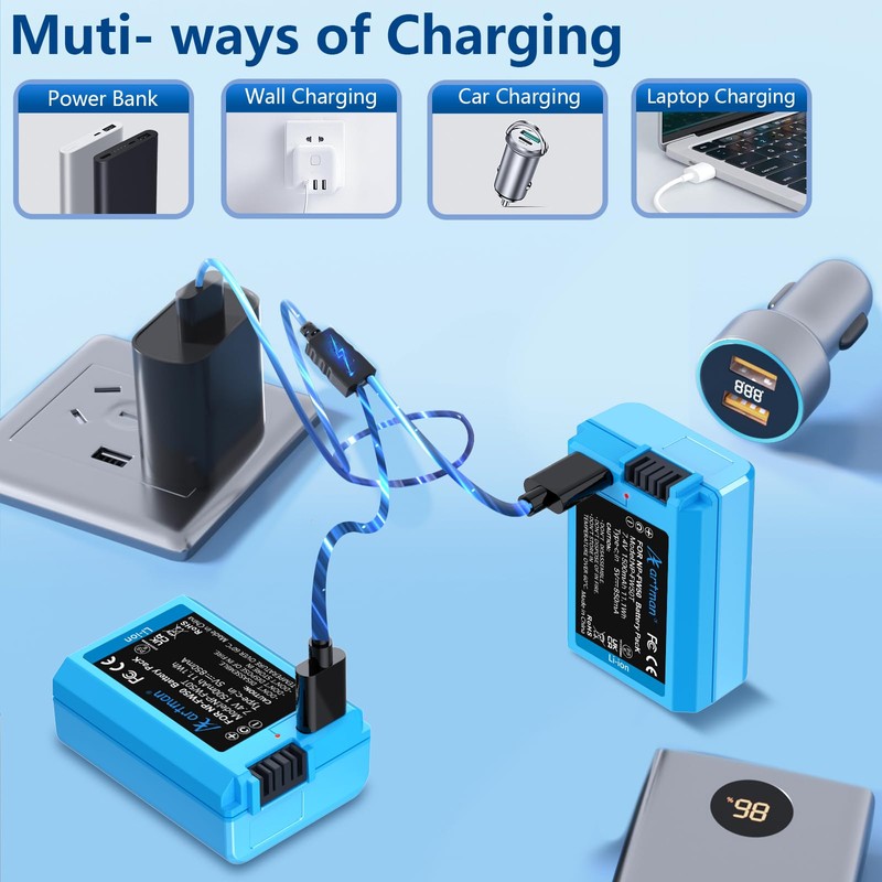 Artman NP-FW50 Battery 2-Pack 1500mAh with USB-C 2in1 Charging Cable