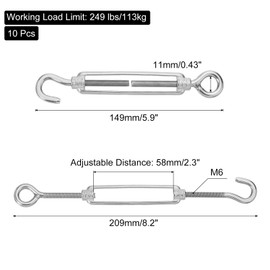 sourcing map M6 Hook and Eye Turnbuckles for Cable Wire Rope Tension, 304 Stainless Steel Turnbuckle Adjustable for Shade Sail String Light Hanging Pack of 10