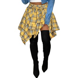 Women's Plaid Skorts Skirts - High Waisted Tie Front Pleated Summer Asymmetrical Skater Skirt with Shorts Checkered Yellow M