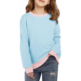 Haloumoning Girls Crewneck Sweatshirts Kids Casual Long Sleeve Loose Tops Fall Comfy Lightweight Pullovers 5-14 Years Sky Blue