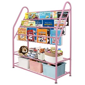 aboxoo Metal Kids Pink Bookshelf Freestanding for Children Girls Room 32 inches Large Toddler Pink Stable Bookcase Bookstore Library Book Unit Storage