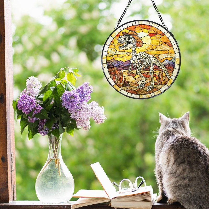 Western Dinosaur Stained Glass Window Hanging Suncatcher, Prehistoric Dino Fossils