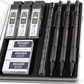 Nicpro 0.9 Metal Mechanical Pencil Set with Case, 3PCS Hevey Duty MP2000 Lead Pencil With 6 Tube HB Lead Refills 0.9mm, Erasers, Weatherproof Barrel for Outdoor Writing Drafting Drawing Sketching