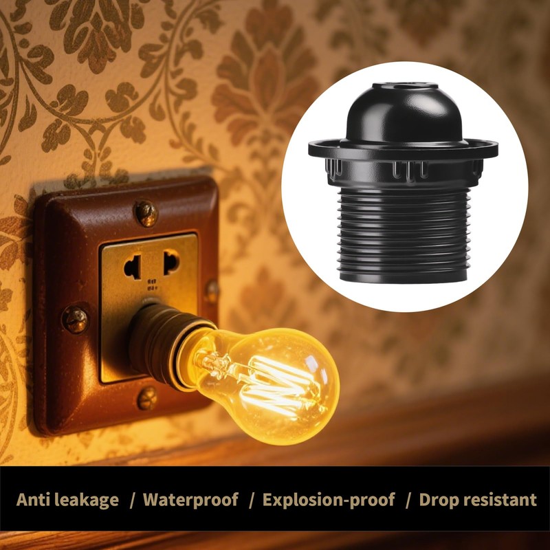 E27 Lamp Holder Black Compatible with Vintage Pendant Lights, Self-Locking