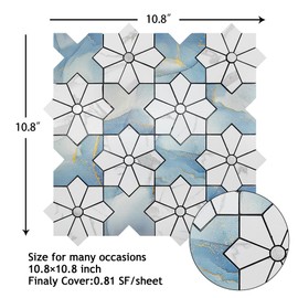 Peel and Stick Backsplash Tiles for Kitchen,PVC Self-Adhesive Marble Tiles for Bathroom Vanities Table Desktop Fireplace,White Flower and Blue Border Pattern,10PCS