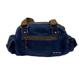 MIKO CLUB 12 Inches Small Blue Canvas Shoulder Duffel Bag Embroidery Thread Accent