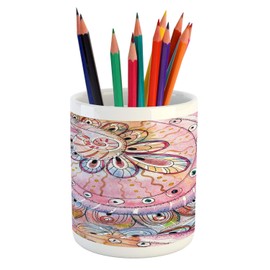 Ambesonne Eastern Pencil Pen Holder, Traditional Floral Pattern Colored with Watercolor Effects Art, Printed Ceramic Pencil Pen Holder for Desk Office Accessory, Multicolor