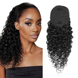 Yacurcur Water Wave Drawstring Ponytail Brazilian Remy Human Hair Ponytail Extensions for Black Women Ponytail Extension Human Hair Pieces Natural Black 22 Inch
