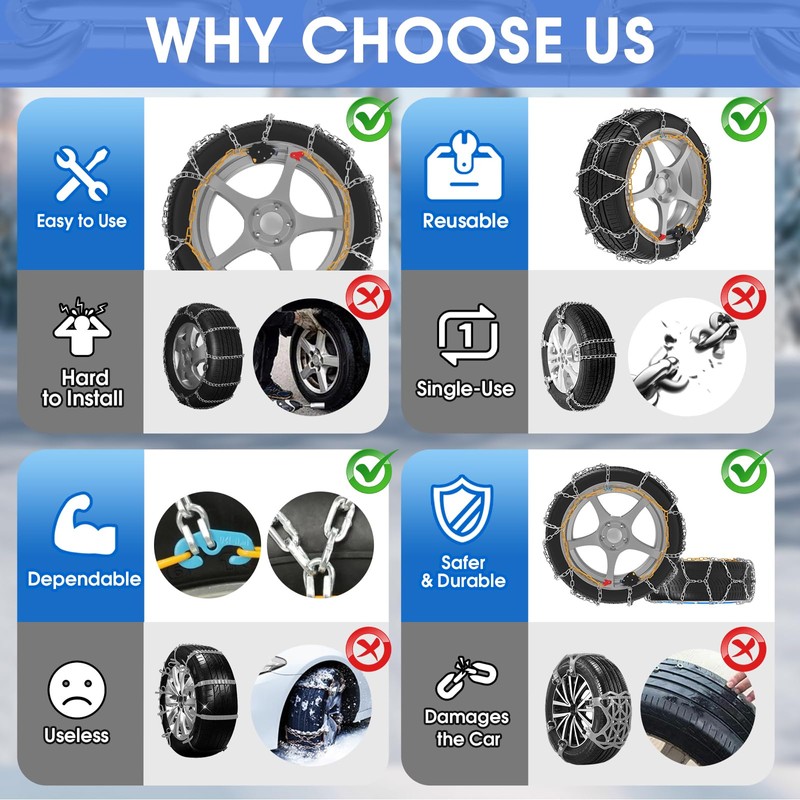 Auto-Fixing Snow Chains, 1 Min Quick Fit Easy Installation Tire-Chains,