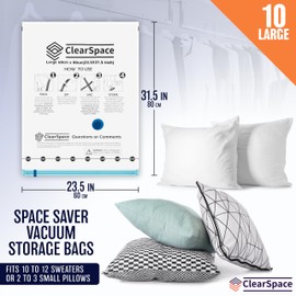 ClearSpace Vacuum Storage Bags, Space Saver Bags – 10 Large Vacuum Seal Bags for Clothing, Blanket Storage, Clothes Storage – Vacuum Sealer Bags, Storage Bags or Travel Bags, Hand Pump Included