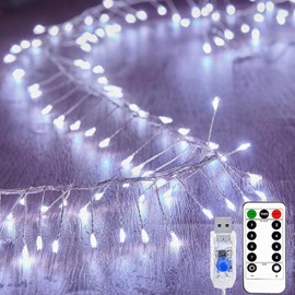KINGCOO Cluster Fairy Lights with Remote, Waterproof 100LED Silver Wire Firecracker String Lights USB Powered for Outdoor Indoor Bedroom Window Wedding Christmas Party Decoration(9.8FT White)