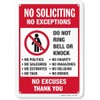 No Soliciting Sign: Humorous Décor for House, Office, or Yard - Metal Aluminum, Rust-Free, Weather Resistant - 7" x 9.8", No Excuses, No Exceptions, Do Not Ring Bell, No Knock - Pre-Drilled Holes