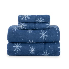 Berkshire Blanket Ultra-Soft Printed Microfleece Knit Sheet Set – 4-Piece King Set – Lightweight, Breathable, All-Season Comfort, ICY Snowflakes Navy