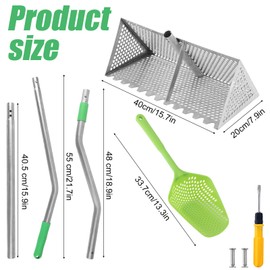Beach Sand Rake & Shovel, Detachable Stainless Steel Sharp Teeth Wide Basket Beach Rake Durable Metal Sand Sifter Comb Shovel Practical Cleaner Tools for Finding