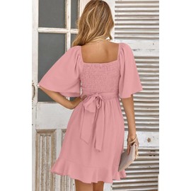 Dokotoo Women's Wrap V Neck Short Sleeve Smocked Elastic Waist Tiered Belted Ruffle Hem Mini Dress Wedding Guest Dress Holiday Dress Light Pink XL