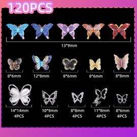 120 Pcs Butterfly Nail Charms, 20 Pcs Silver Butterfly Alloy Nail Charms, Assorted Mix Color Butterflies for Nails Art DIY