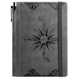 CAGIE Compass Leather Notebook Journal for Men, 100 Gms 288 Pages Lined Journals for Writing, A5 Hardcover Journaling Notebooks Gifts Set with Pen for Travel Office Daily Writing, Grey