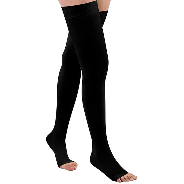 Medias de compresión de 20-32 mmHg sin dedos de los pies para circulación de mujeres y hombres con banda de silicona de puntos (negro, L)