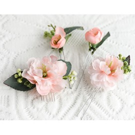 FANGSEN 4 Piece Pink Artificial Camellia Floral Hair Comb Pins Bridal Bridesmaid Wedding Hair Accessory for Women and Girls Boho
