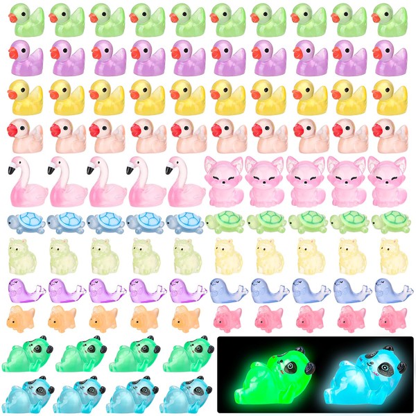 Guiqulai 100 Pcs Mini Resin Animals Luminous Mini Ducks, Turtles,