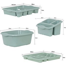 M1SS SILVER SAGE - 4 Piece Casa Plastic Kitchen Set (38cm Rectangular Bowl, Large Cutlery Tray, Large Dish Drainer & Sink Tidy) Perfect for Kitchen Organisation Home and Restaurants