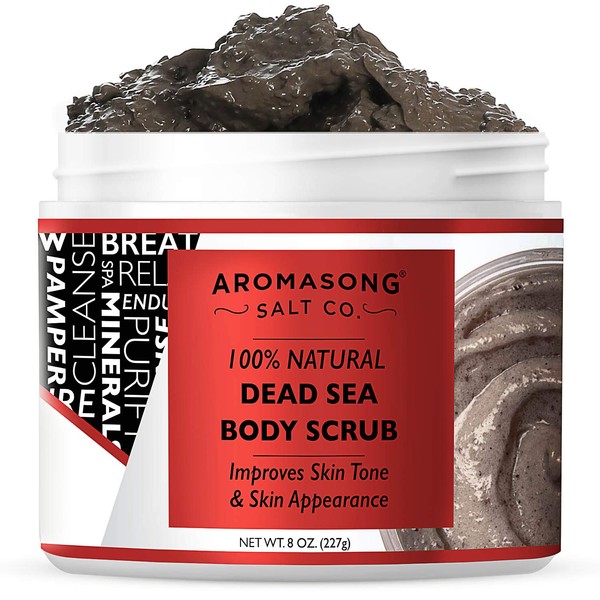 Aromasong 100% Pure Dead Sea Body Scrub, Dead Sea Mud with Dead Sea Salt Only, Natural Cream Exfoliant, Stretch Mark & Wrinkle Reducer Soothing Reliefs Sore Muscles, Body Scrub for Women & Men, 8oz.