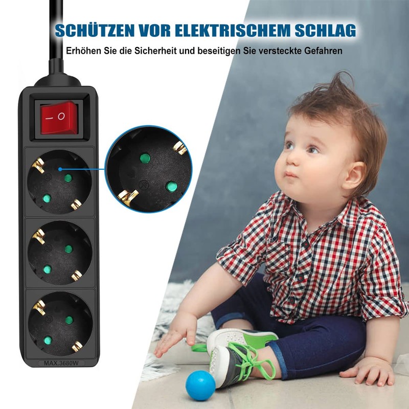 EXTRASTAR 3-Way Socket Strip, Flat Plug Multiple Socket with Save