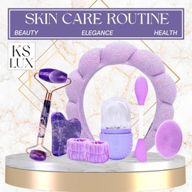 Kit de skincare lila con rodillo facial, gua sha, molde para hielo facial, diadema, muñequeras y cepillos de silicona para rutina de cuidado facial y regalo