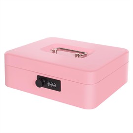 Cash Box with Money Tray and Combination Lock, Metal Money Box for Cash Register Petty Cash Lock Box for Money Safe 9.84" x 7.87" x 3.54" Pink