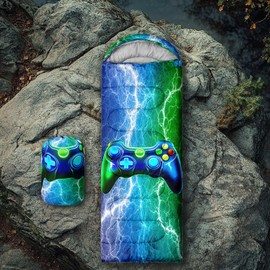 Axolotl Blue Gamepad Sleeping Bag,Waterproof Lightweight Gaming Sleeping Bag Game Console Camping Bag for Boys Teens,Warm and Cool Weather Green Portable Sleeping Bag for Camping Outdoor Indoor
