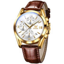 OLEVS Watch Men Leather Band Mens Watches Waterproof Sport Analog Fashion Watch Gold Tone Steel Quartz Wristwatch Men White Dial Chronograph Watches with Luminous Pointer Date