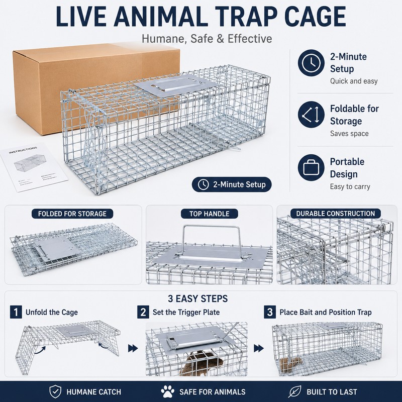Large Animal Trap Cage for Live Capture – Foldable Stainless