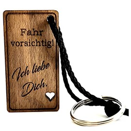 Lieblingsmensch Guardian Angel Key Ring Wooden Model: Fahr vorsichtig Ich liebe Dich - Heart, walnut
